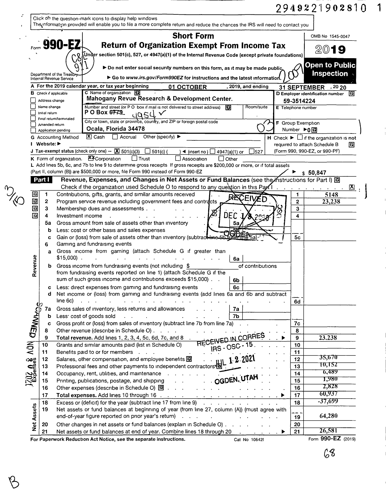 Image of first page of 2019 Form 990EZ for Mahogany Revue Research and Development Center