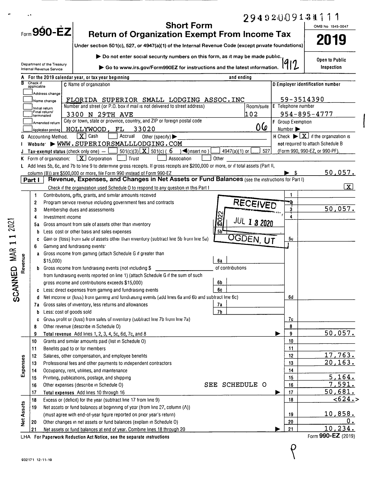 Image of first page of 2019 Form 990EO for Florida Superior Small Lodging Association