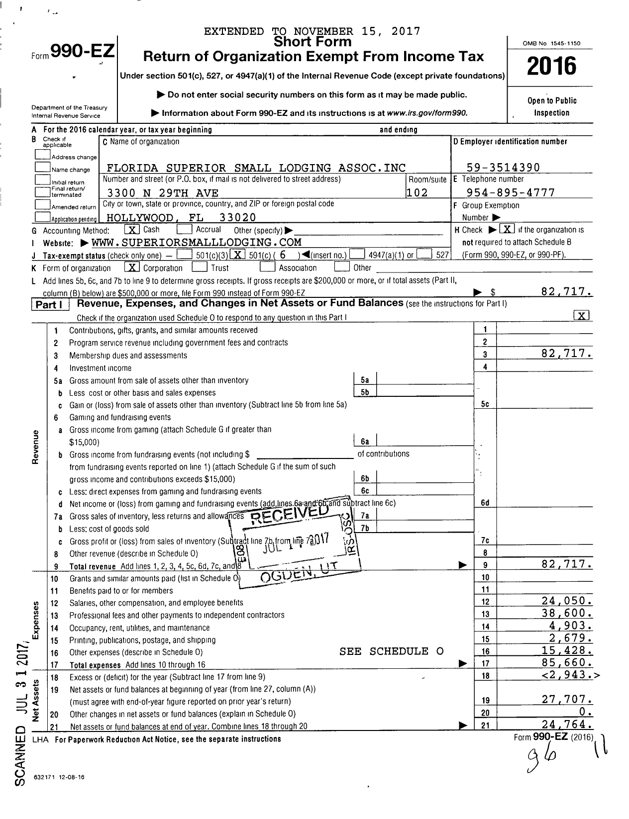 Image of first page of 2016 Form 990EO for Florida Superior Small Lodging Association