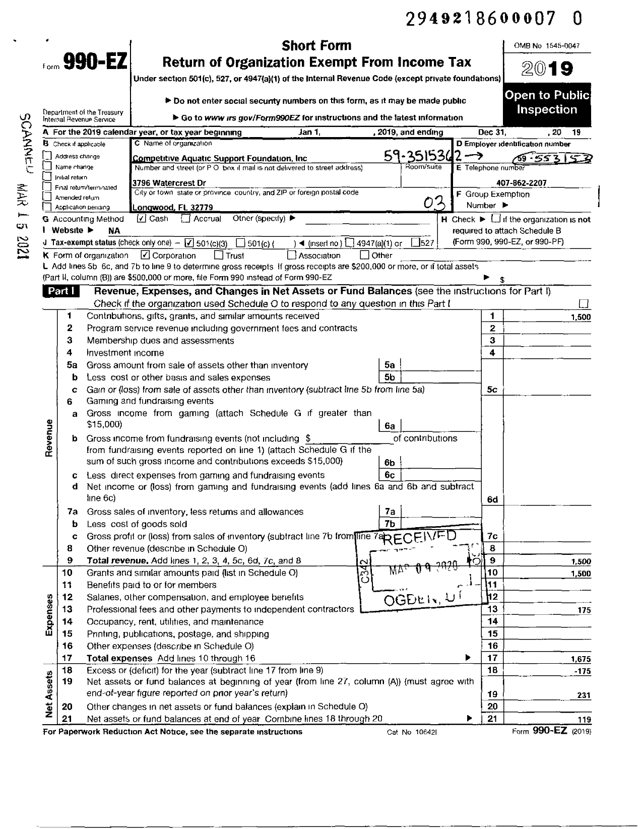 Image of first page of 2019 Form 990EZ for Competitive Aquatic Support Foundation