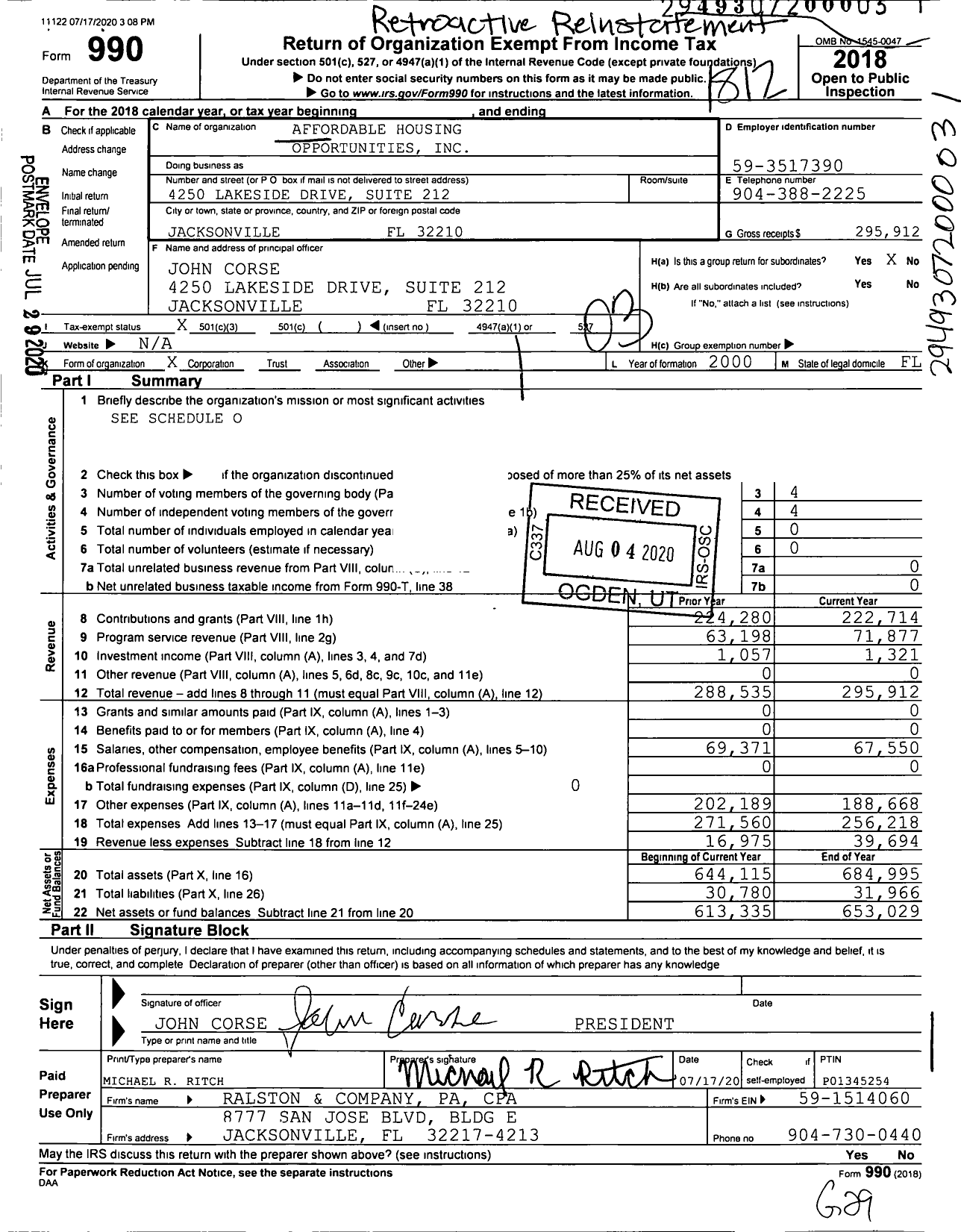 Image of first page of 2018 Form 990 for Affordable Housing Opportunities