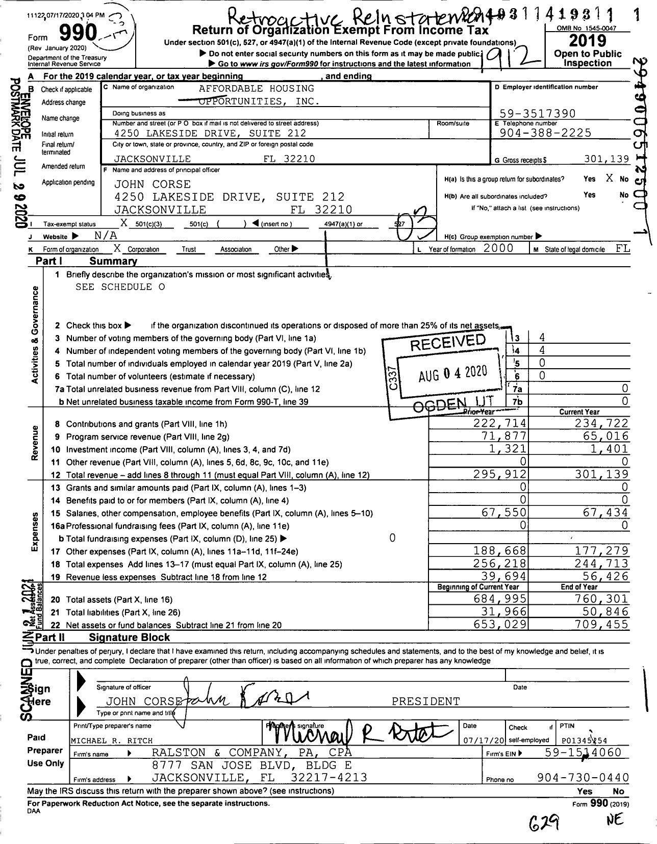 Image of first page of 2019 Form 990 for Affordable Housing Opportunities