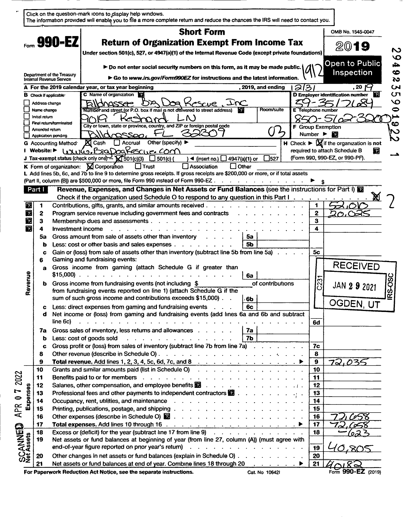 Image of first page of 2019 Form 990EZ for Tallahassee Big Dog Rescue