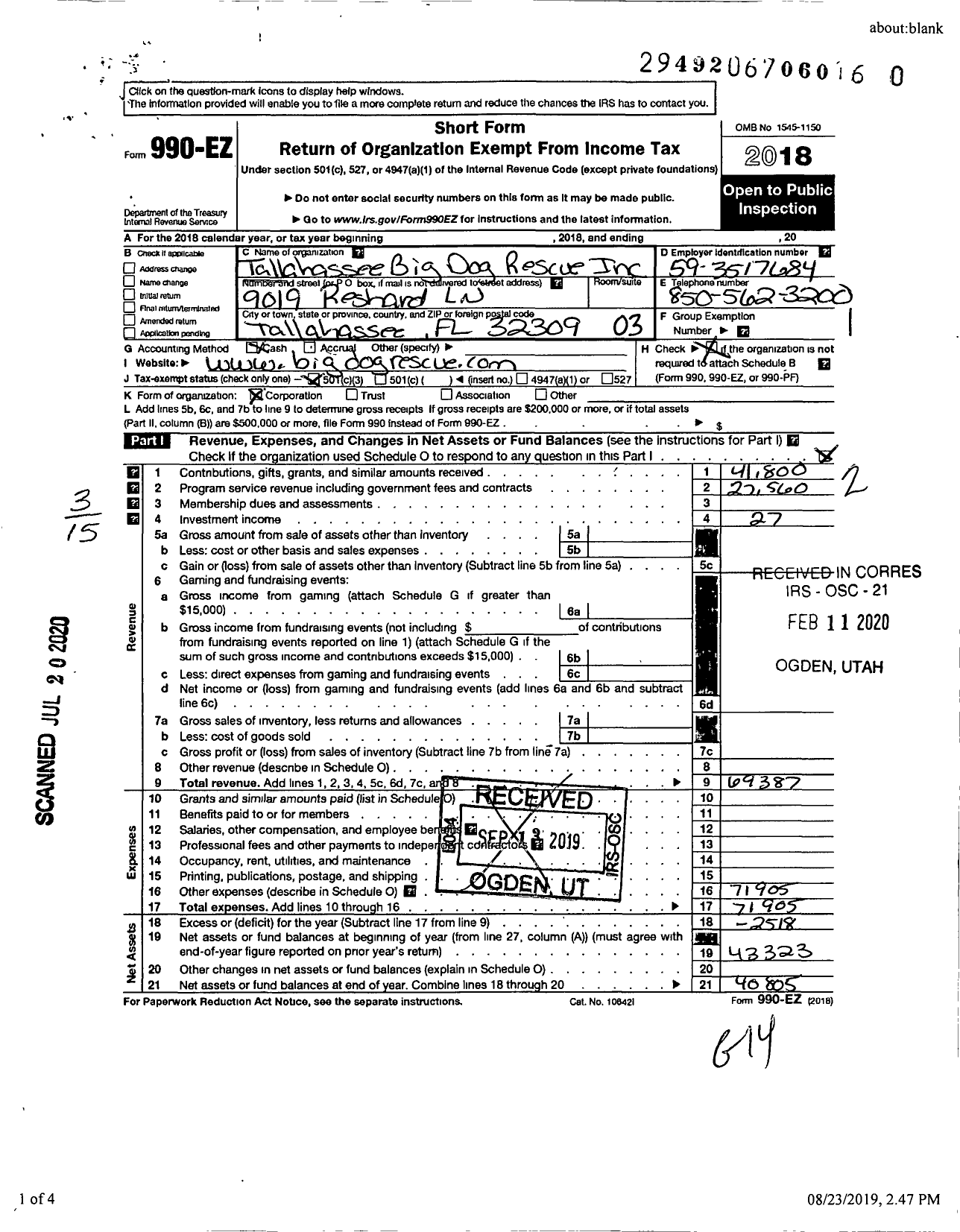 Image of first page of 2018 Form 990EZ for Tallahassee Big Dog Rescue