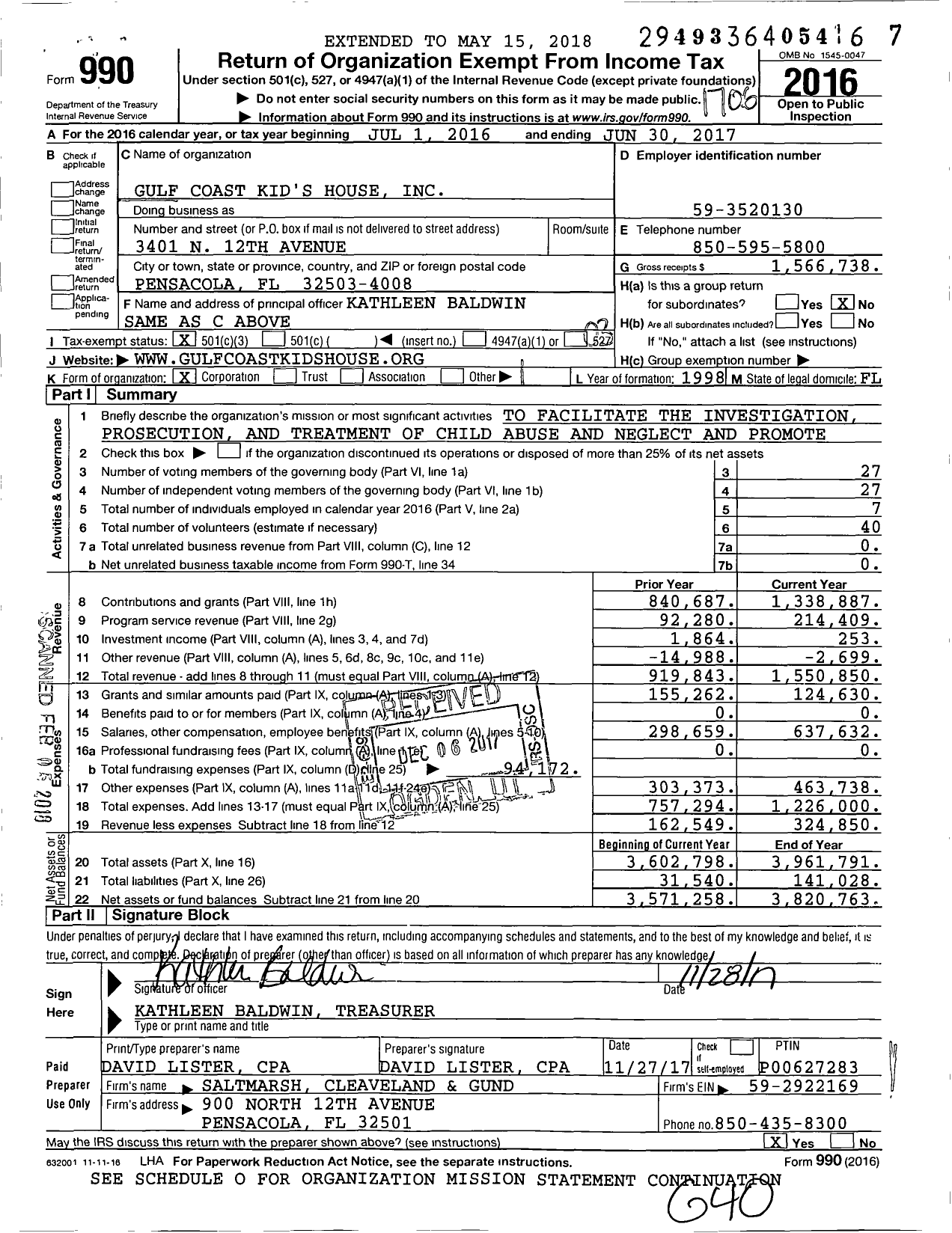 Image of first page of 2016 Form 990 for Gulf Coast Kid's House