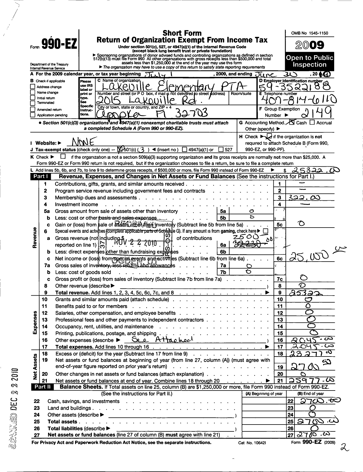 Image of first page of 2009 Form 990EZ for PTA Florida Congress - Lakeville Elementary PTA