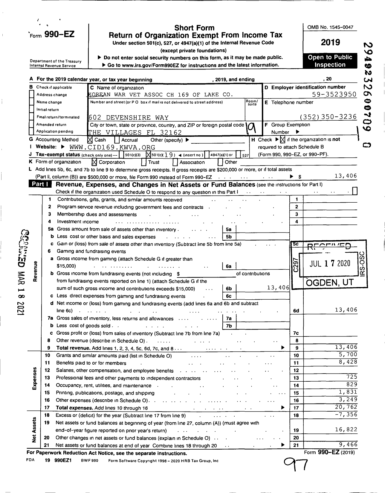 Image of first page of 2019 Form 990EO for Korean War Vet Association CH 169 of Lake