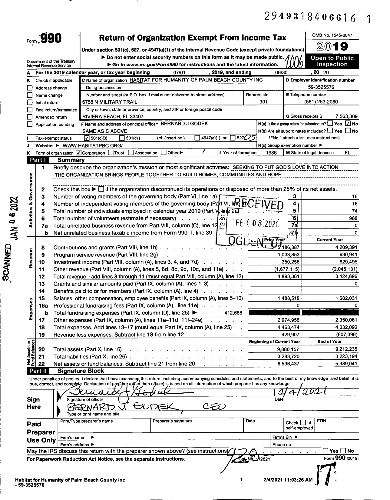 Image of first page of 2019 Form 990 for Habitat for Humanity - Habitat for Humanity of Palm Beach County