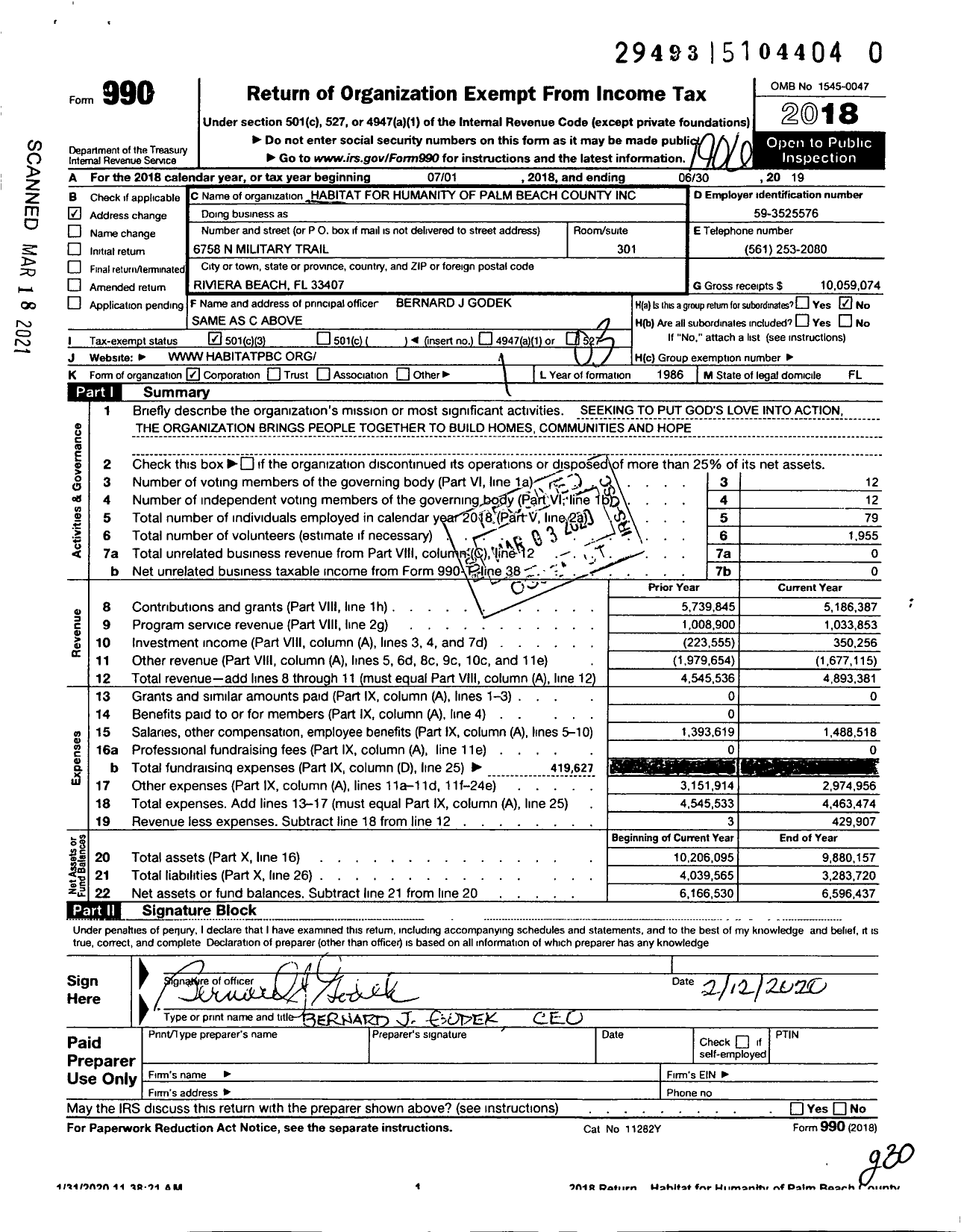 Image of first page of 2018 Form 990 for Habitat for Humanity - Habitat for Humanity of Palm Beach County