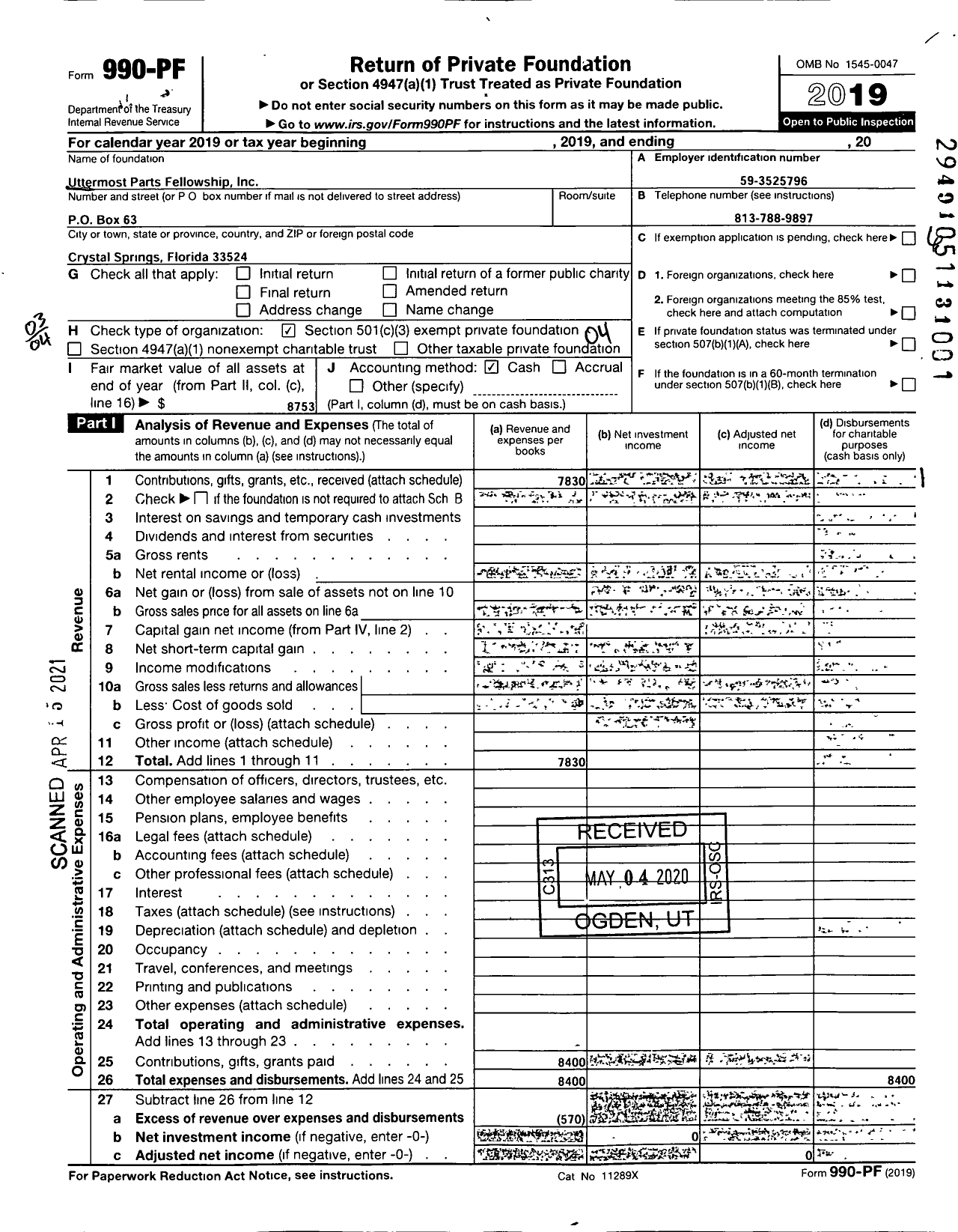 Image of first page of 2019 Form 990PF for Uttermost Parts Fellowship