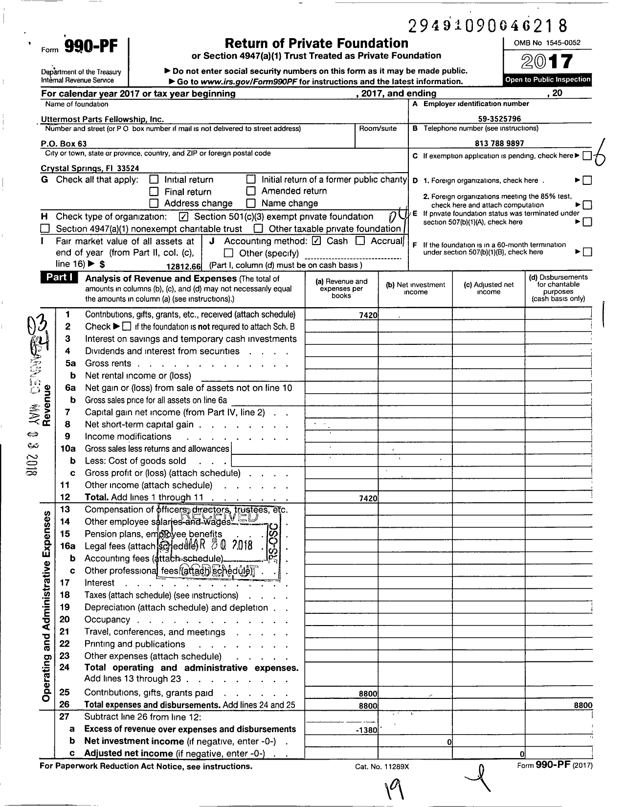 Image of first page of 2017 Form 990PF for Uttermost Parts Fellowship