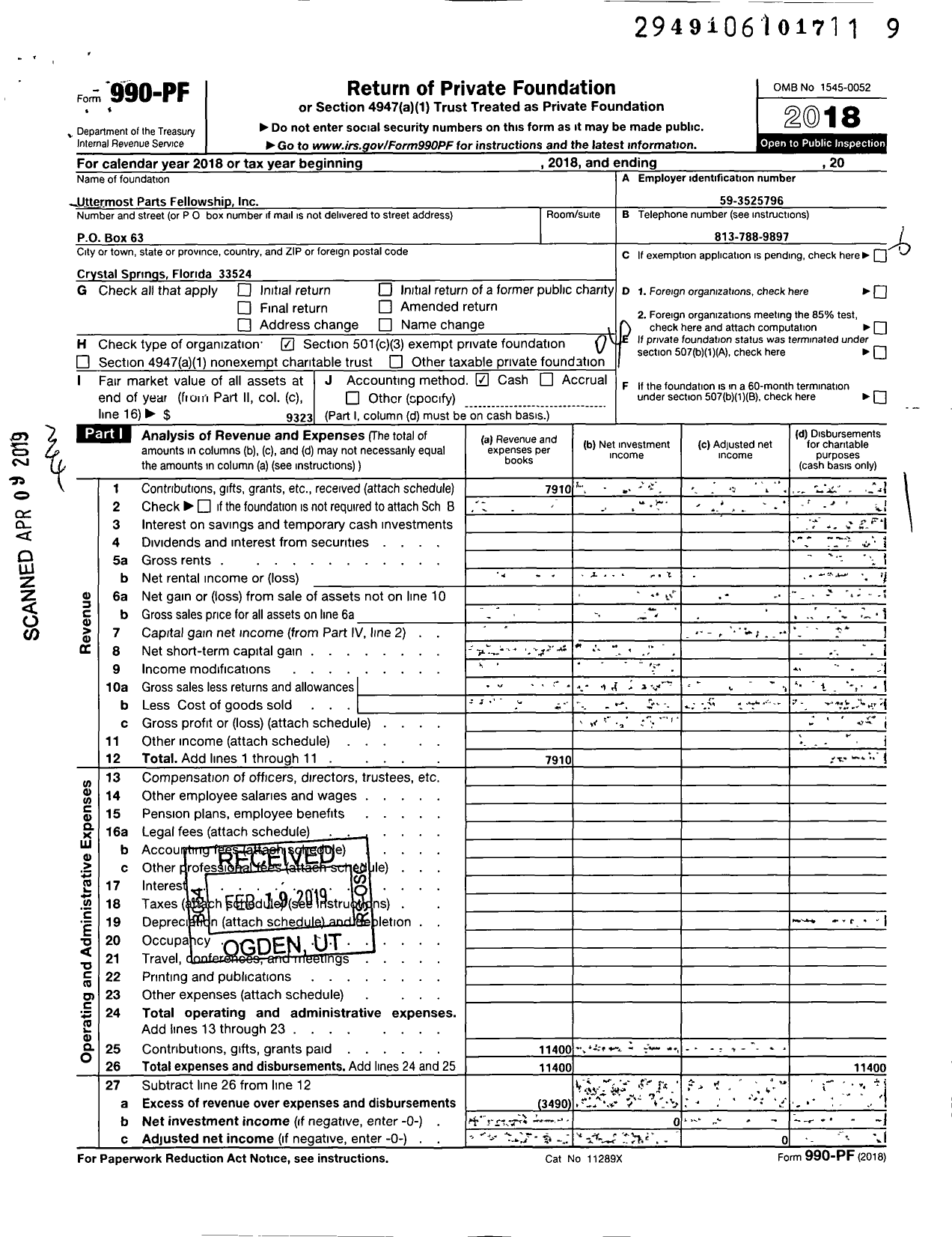 Image of first page of 2018 Form 990PF for Uttermost Parts Fellowship