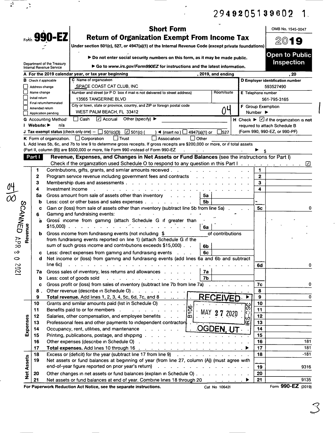 Image of first page of 2019 Form 990EO for Space Coast Cat Club