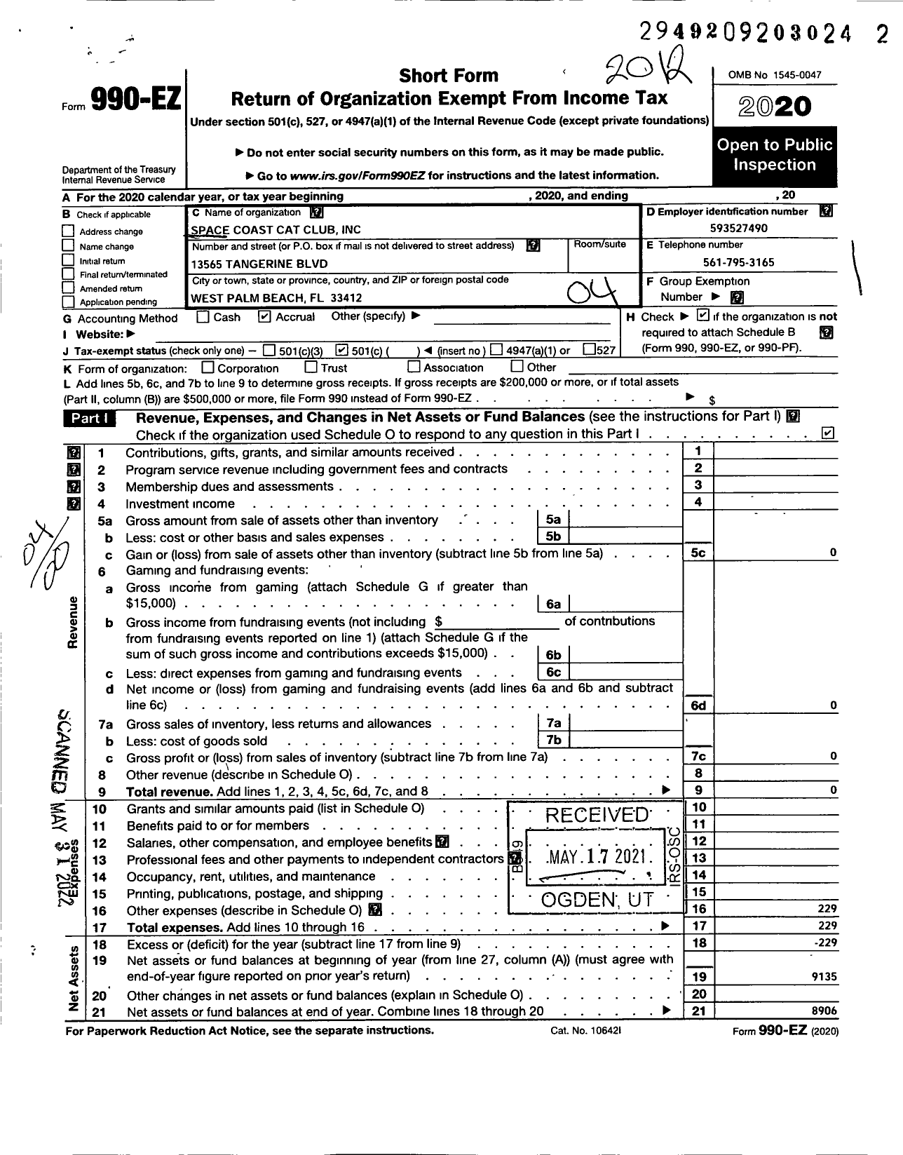 Image of first page of 2020 Form 990EO for Space Coast Cat Club