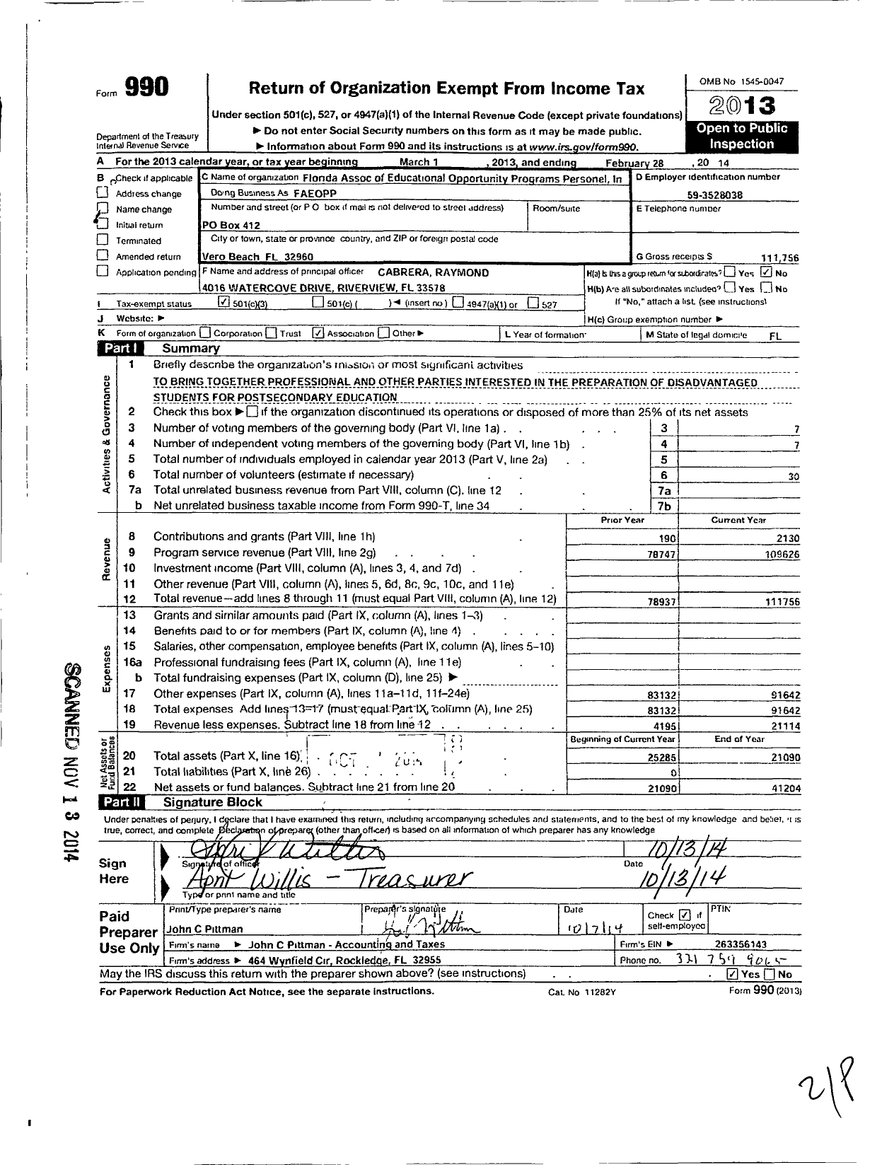 Image of first page of 2013 Form 990 for FL Trio