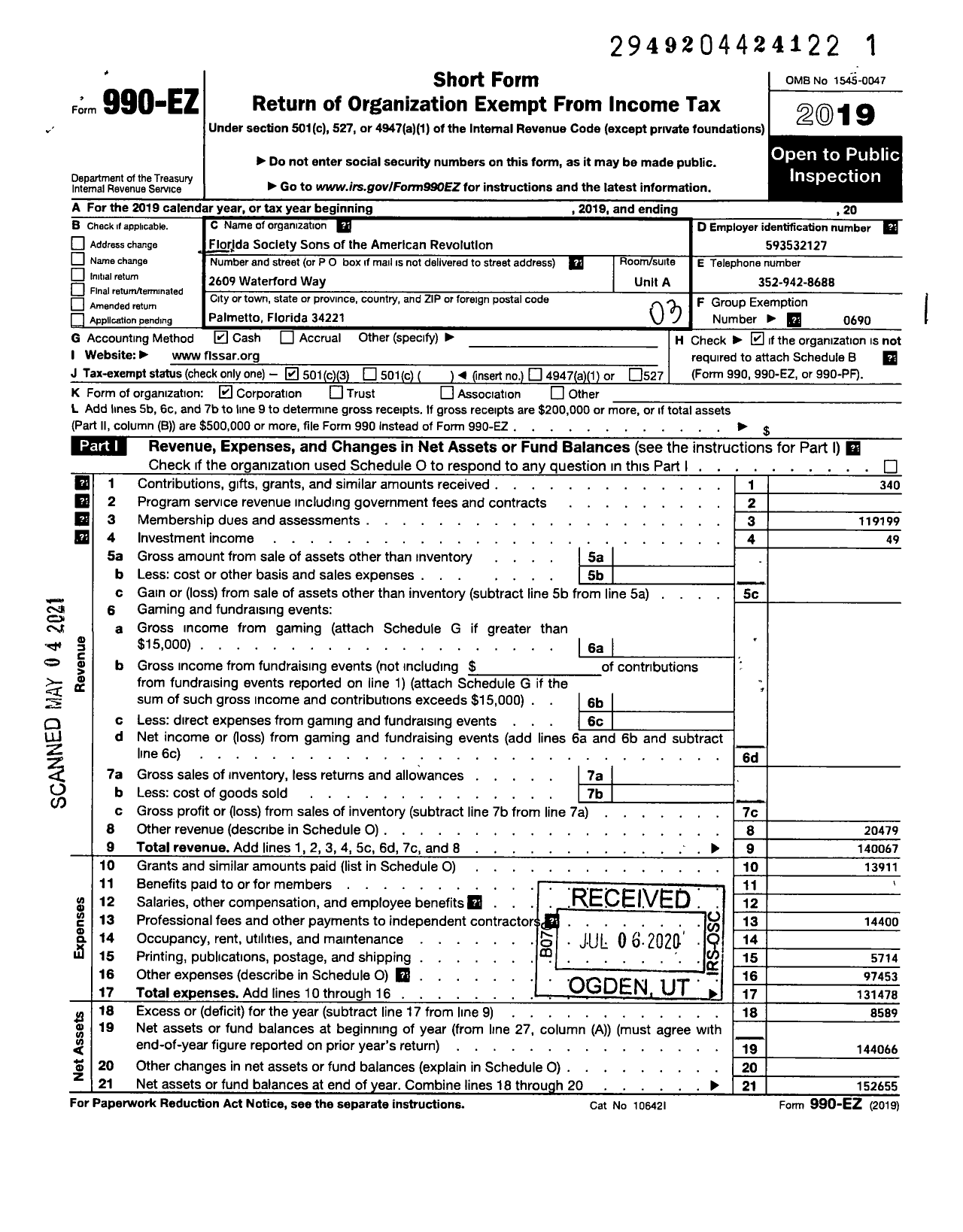 Image of first page of 2019 Form 990EZ for National Society of the Sons of the American Revolution / Florida Society Sar