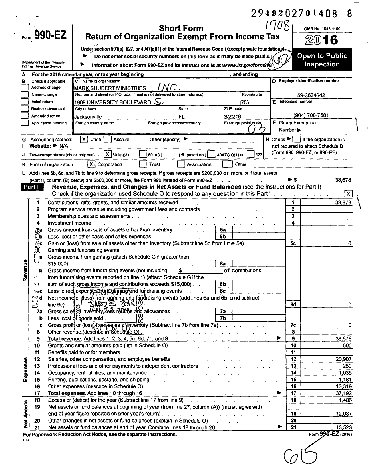 Image of first page of 2016 Form 990EZ for Mark Shubert Ministries