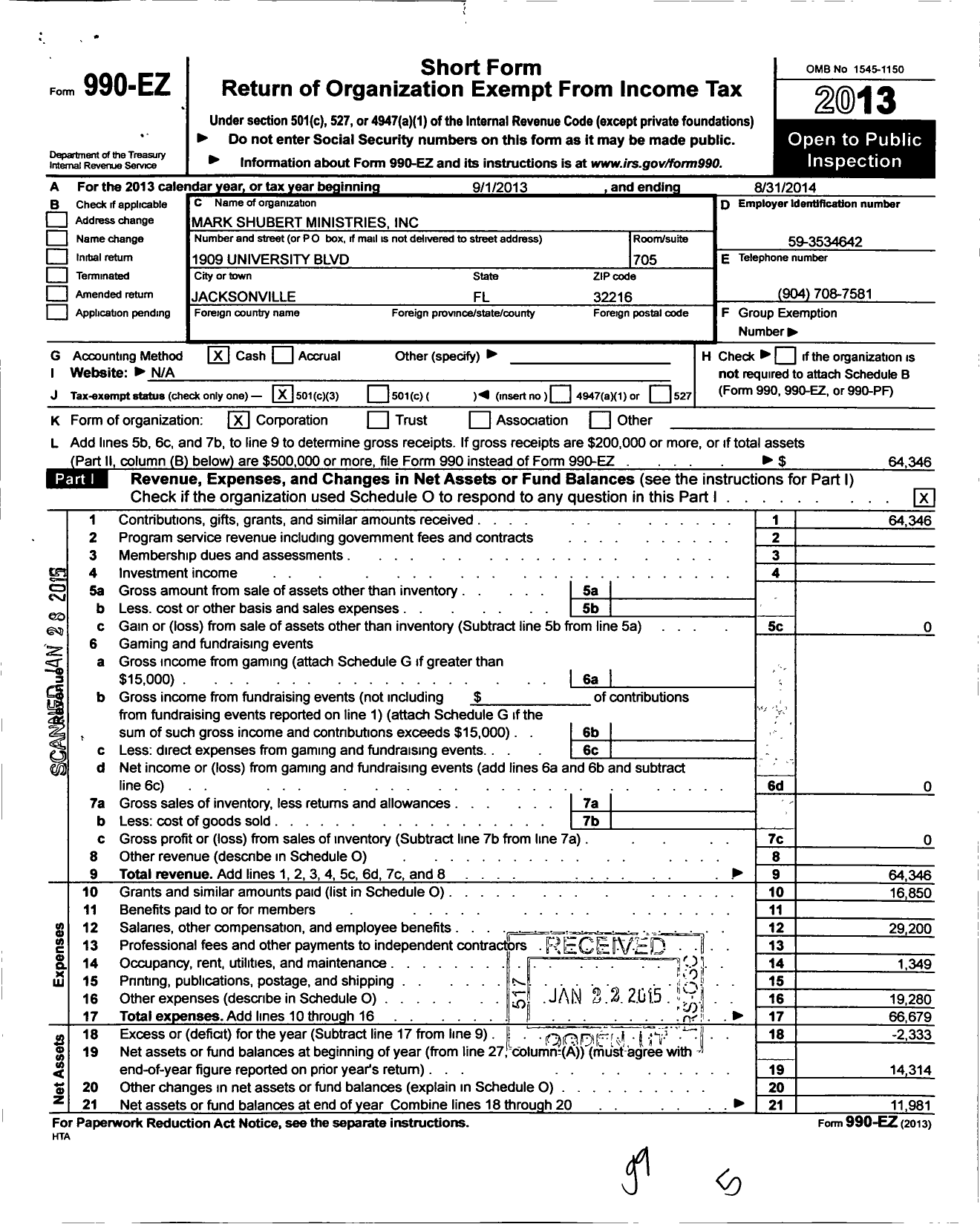 Image of first page of 2013 Form 990EZ for Mark Shubert Ministries