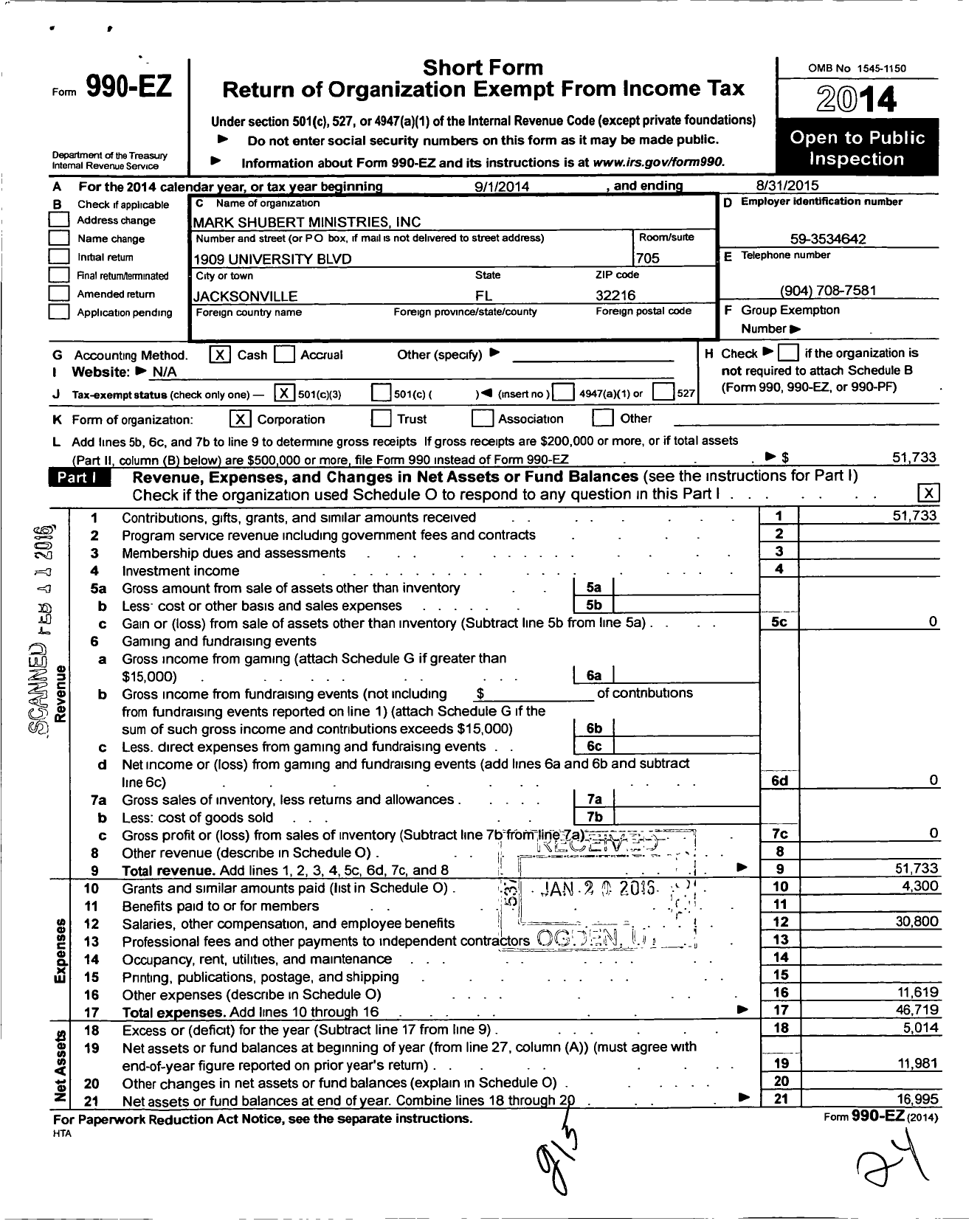 Image of first page of 2014 Form 990EZ for Mark Shubert Ministries