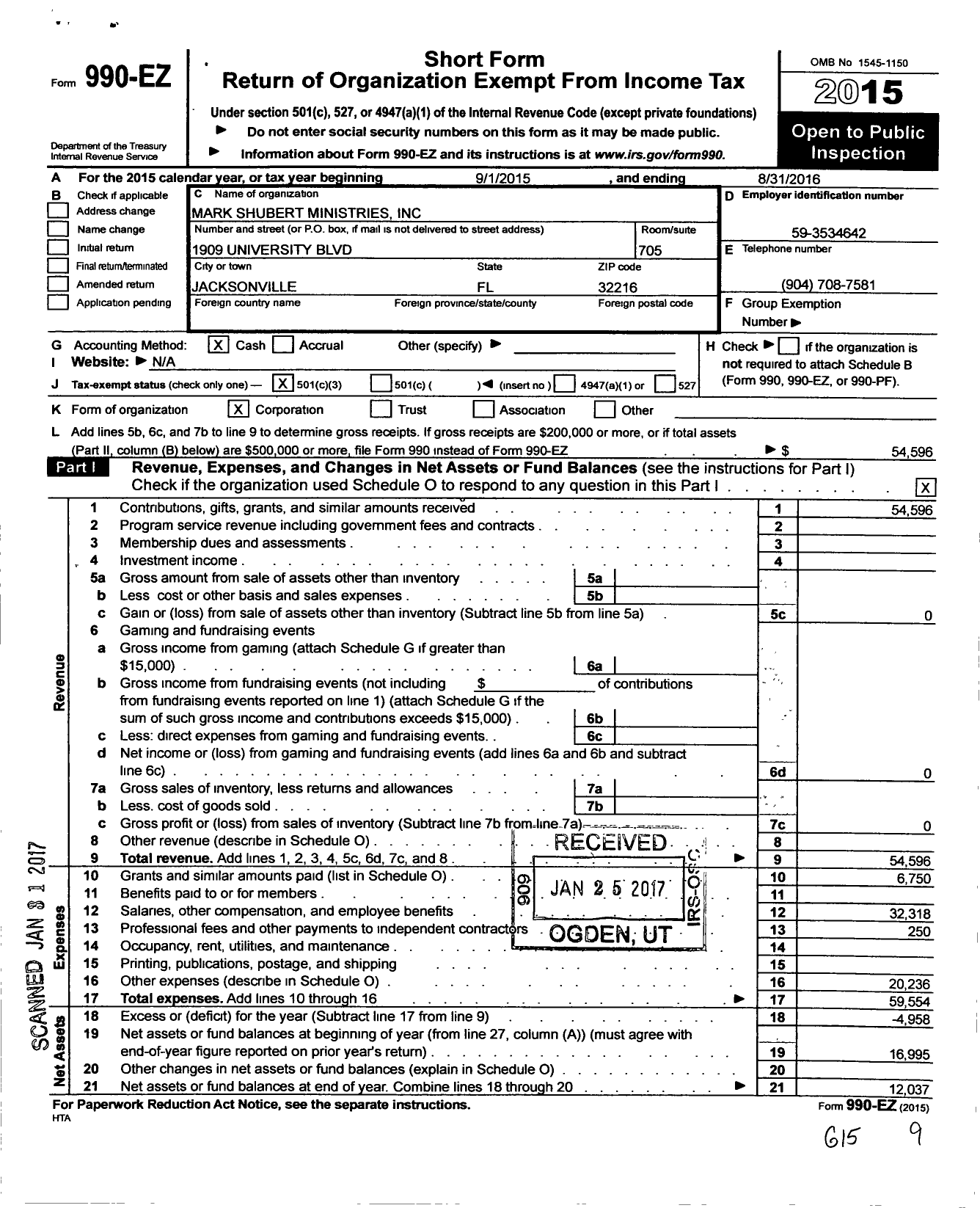 Image of first page of 2015 Form 990EZ for Mark Shubert Ministries