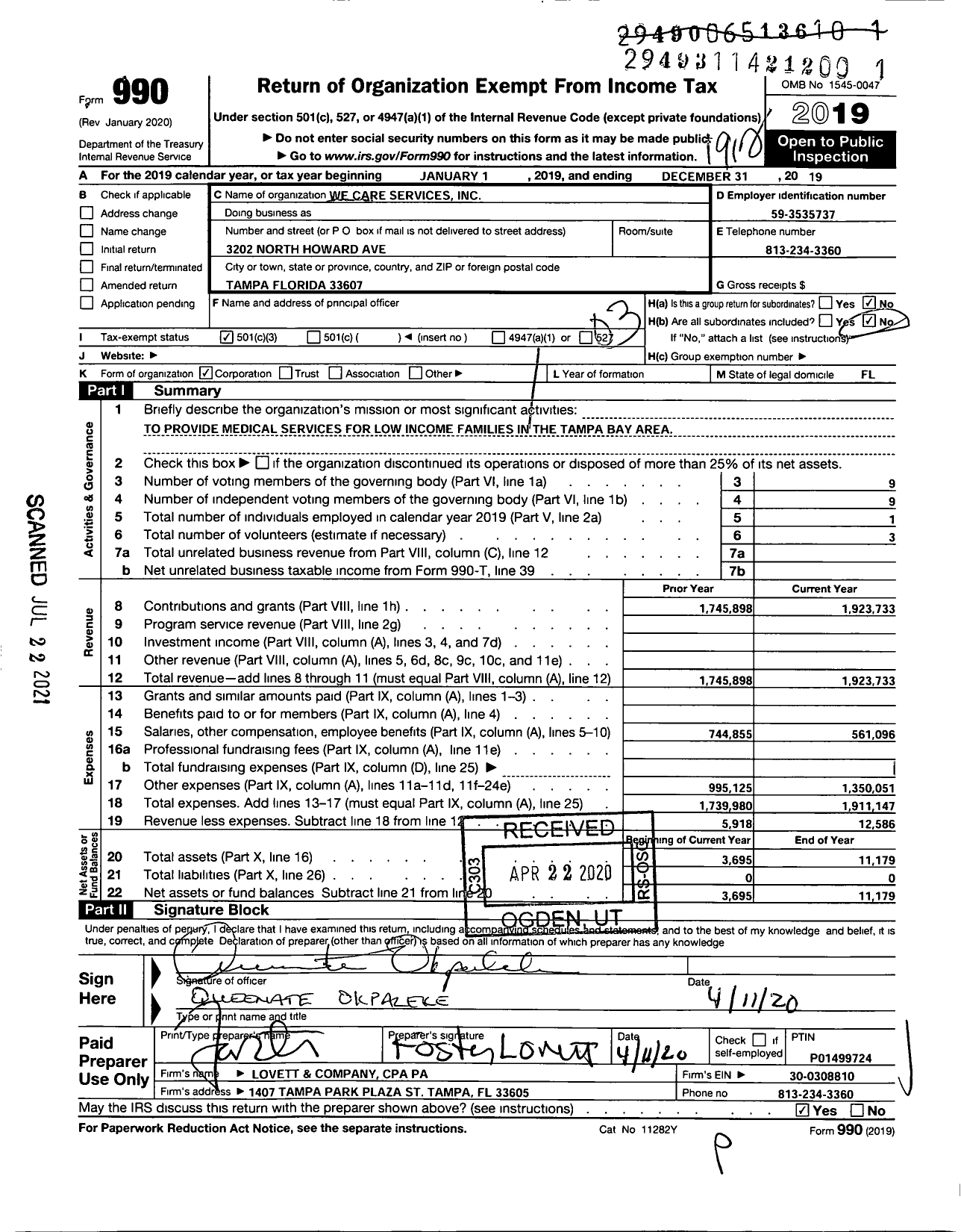 Image of first page of 2019 Form 990 for We Care Services