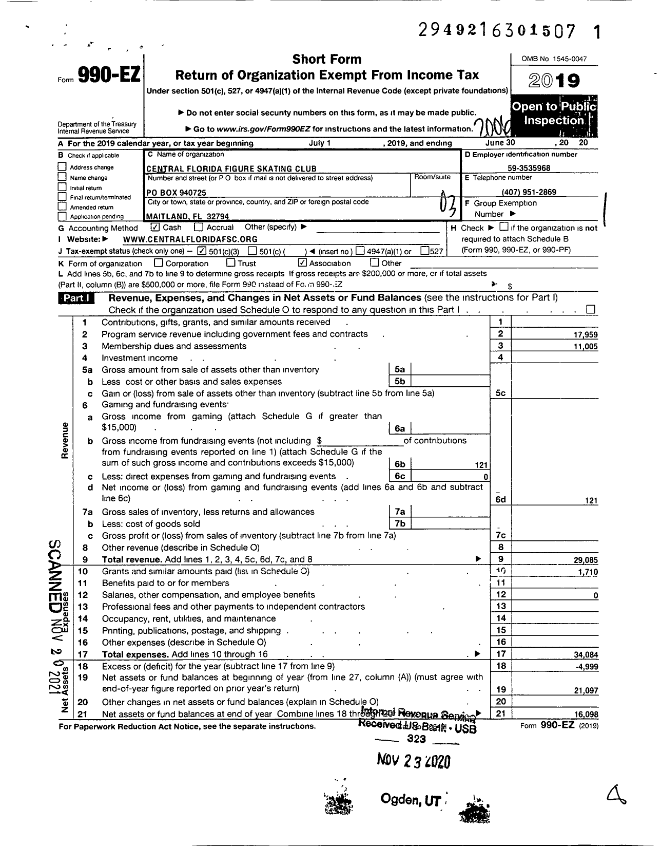 Image of first page of 2019 Form 990EZ for Central Florida Figure Skating Association