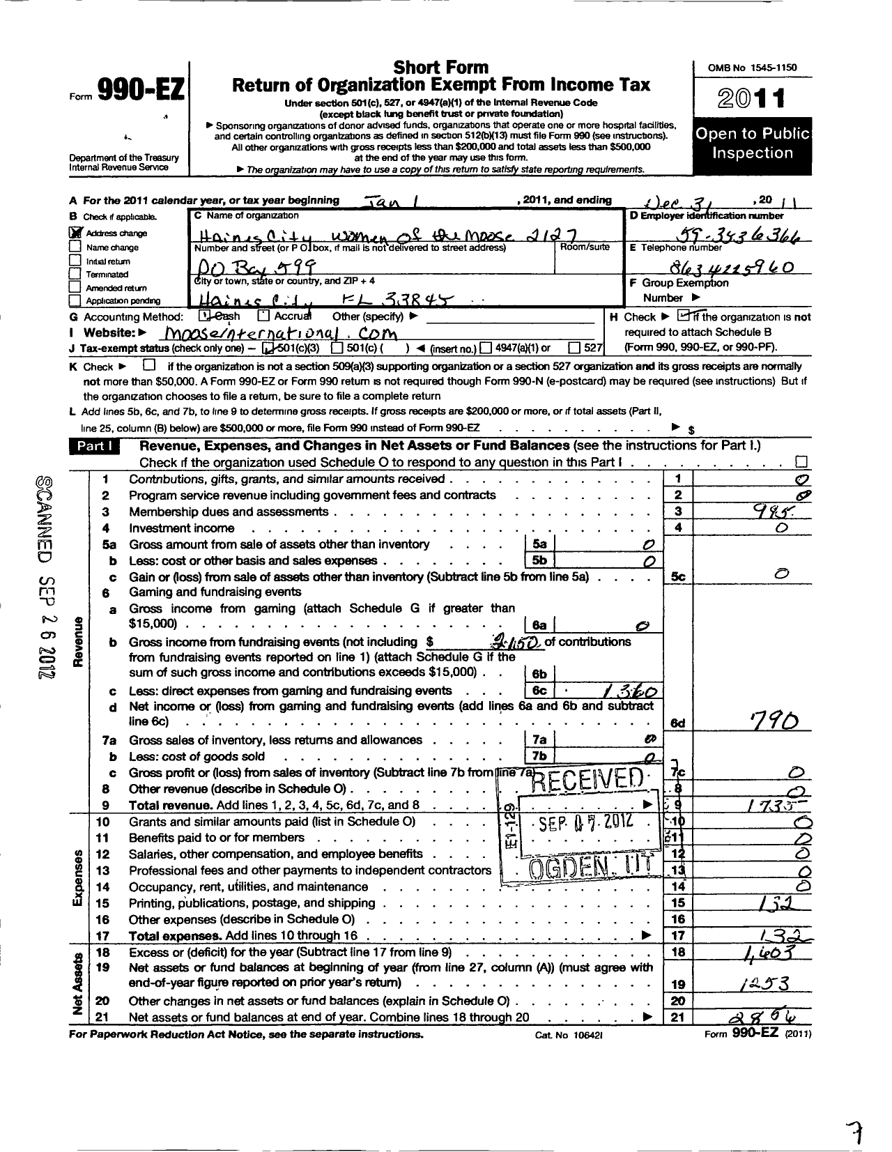 Image of first page of 2011 Form 990EZ for Loyal Order of Moose - 2127