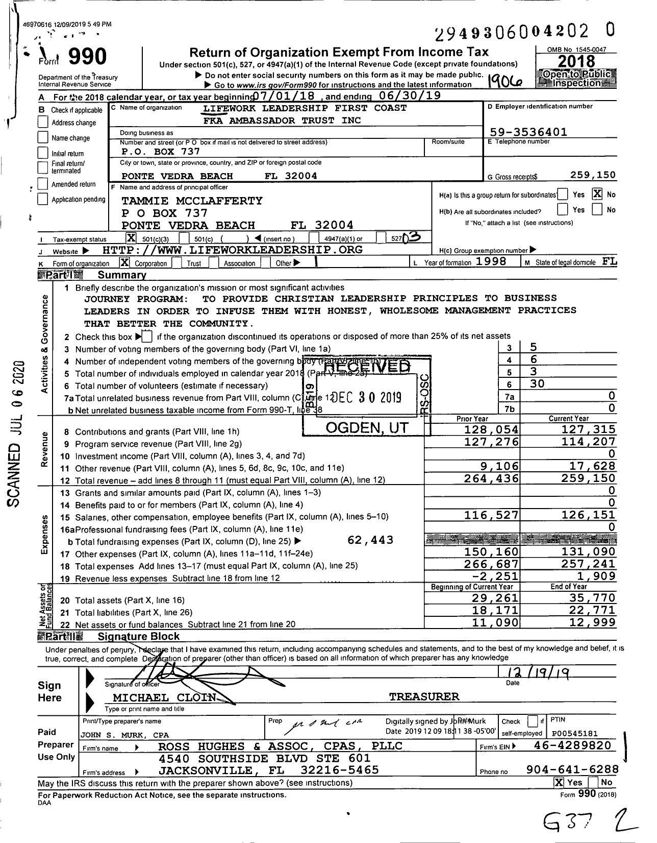 Image of first page of 2018 Form 990 for Lifework Leadership Jacksonville