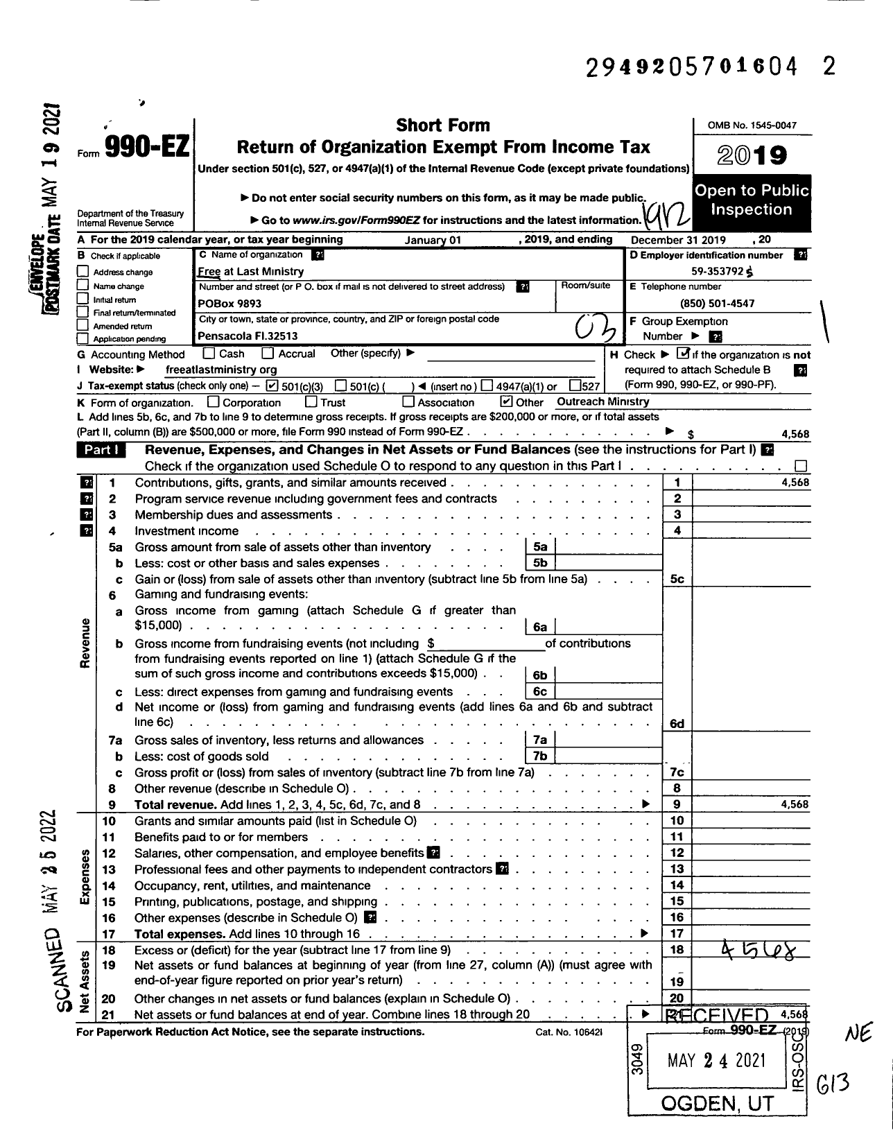 Image of first page of 2019 Form 990EZ for Free at Last Ministry