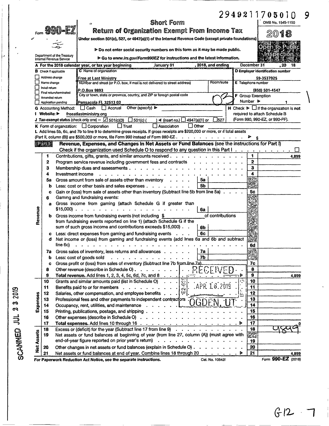 Image of first page of 2018 Form 990EZ for Free at Last Ministry