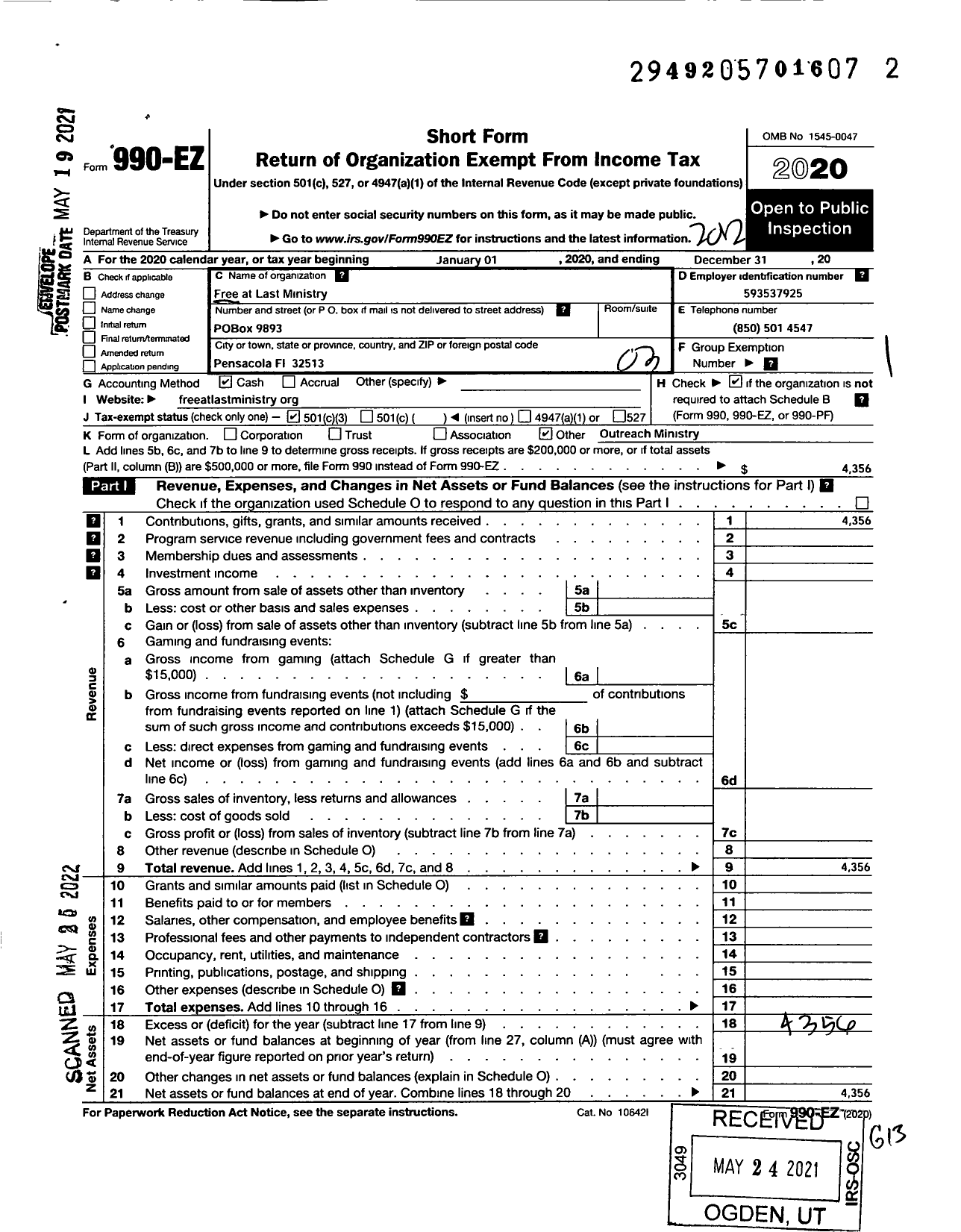 Image of first page of 2020 Form 990EZ for Free at Last Ministry