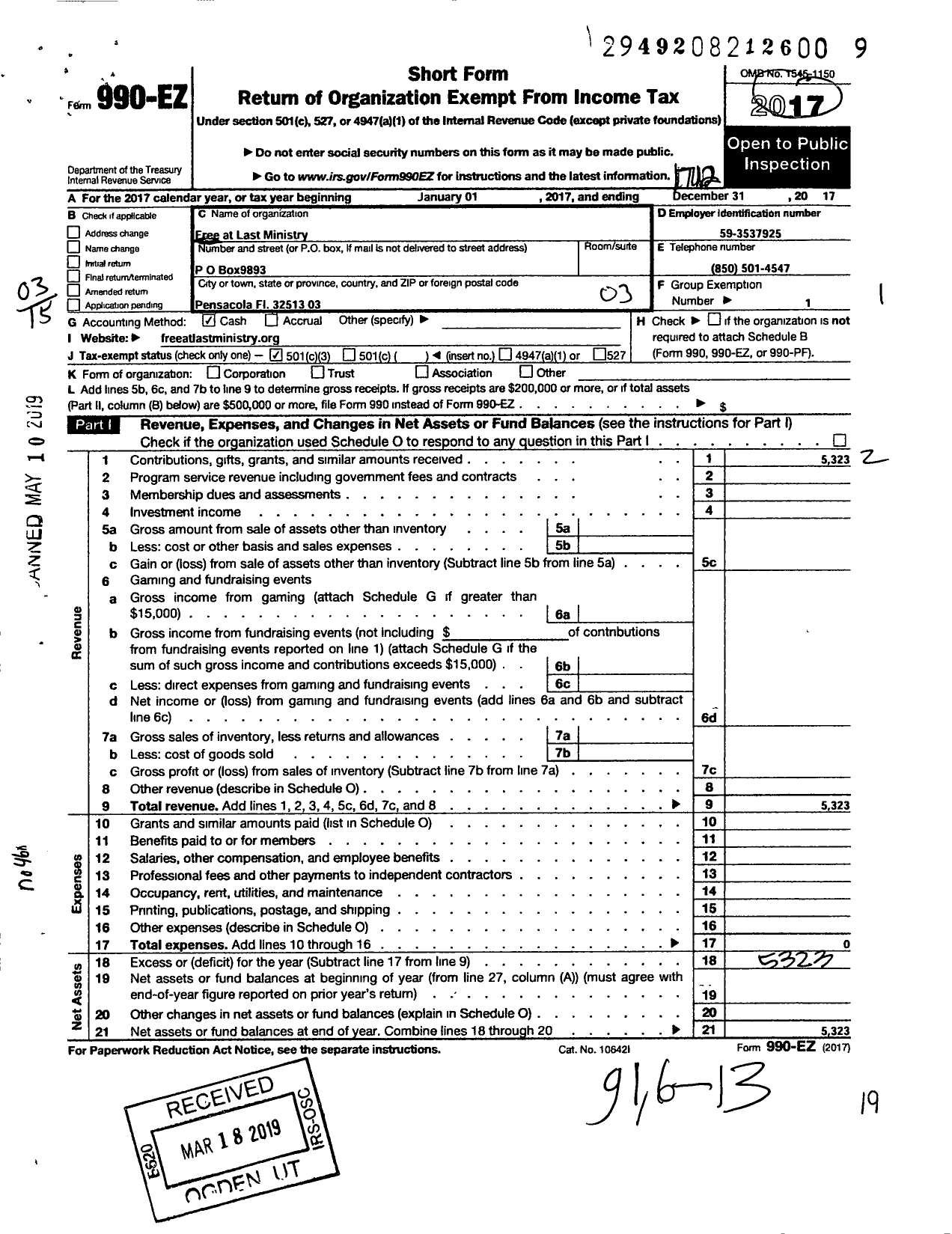 Image of first page of 2017 Form 990EZ for Free at Last Ministry