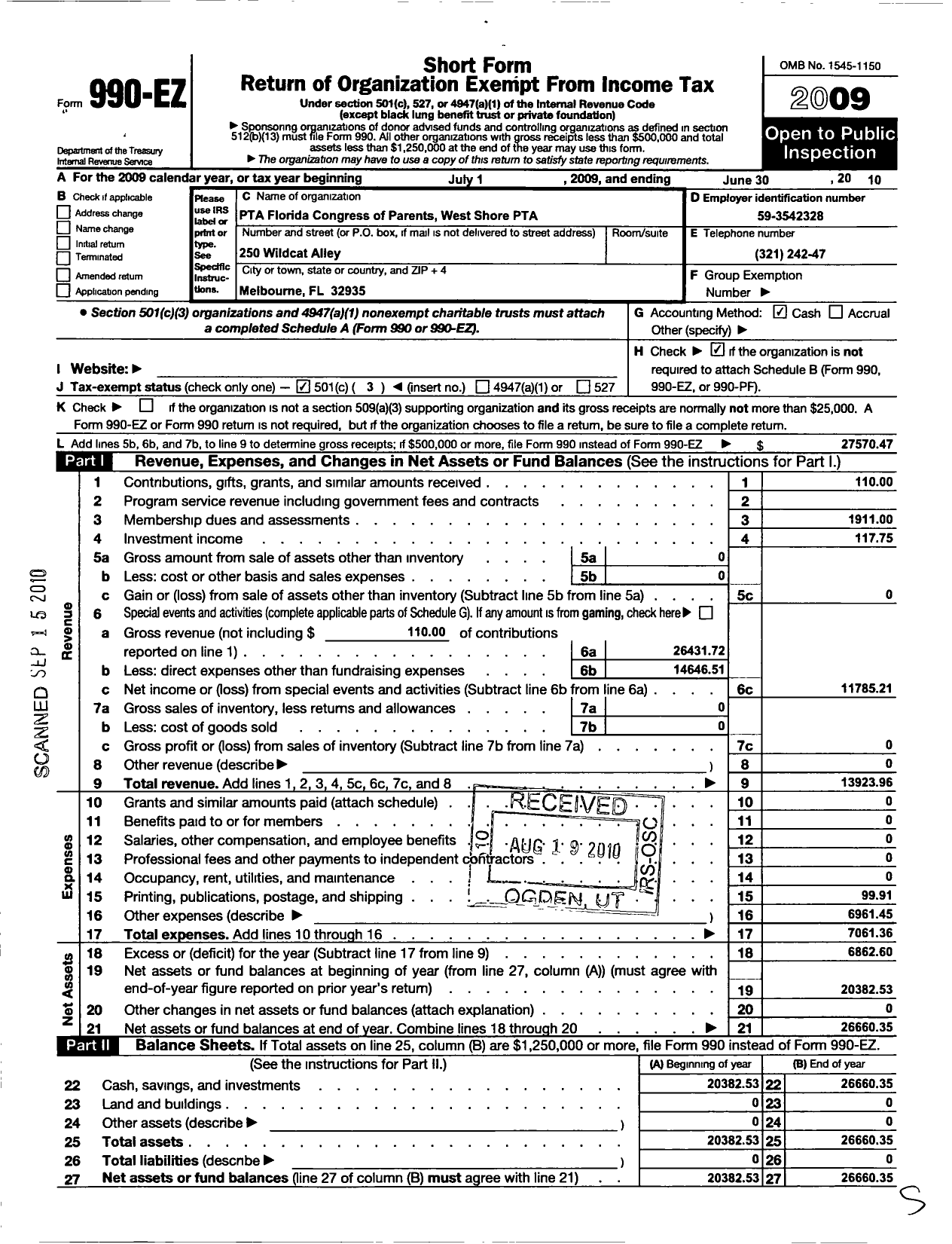 Image of first page of 2009 Form 990EZ for PTA Florida Congress - West Shore PTA