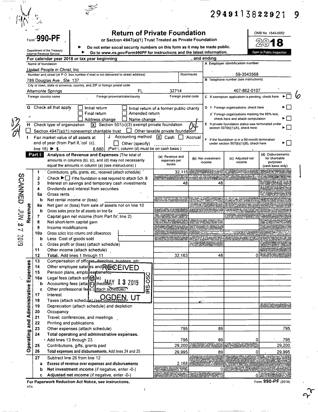 Image of first page of 2018 Form 990PF for United People in Christ