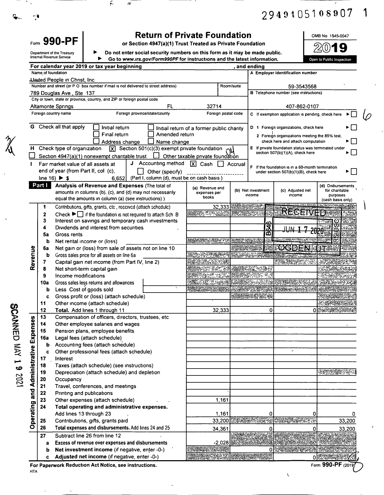 Image of first page of 2019 Form 990PF for United People in Christ