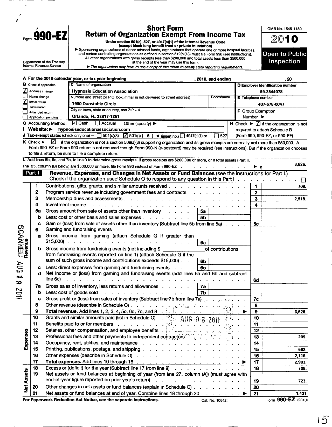 Image of first page of 2010 Form 990EO for Hypnosis Education Association