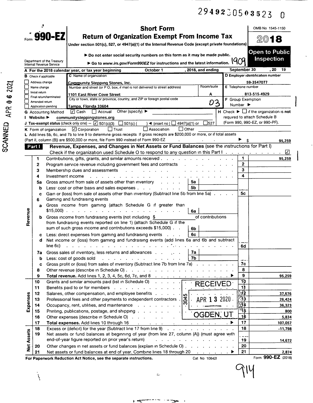 Image of first page of 2018 Form 990EZ for Community Stepping Stones