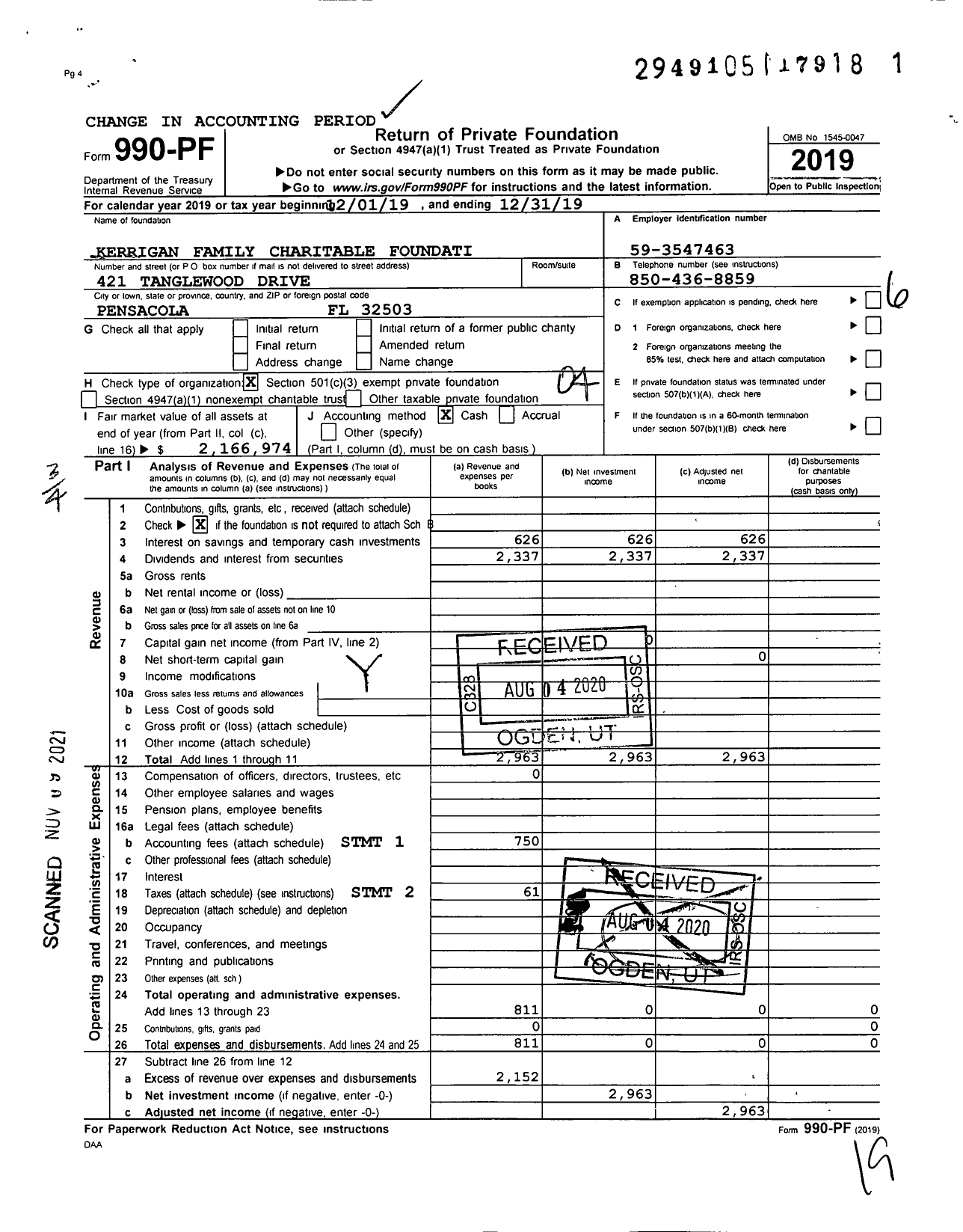 Image of first page of 2019 Form 990PF for Kerrigan Family Charitable Foundation