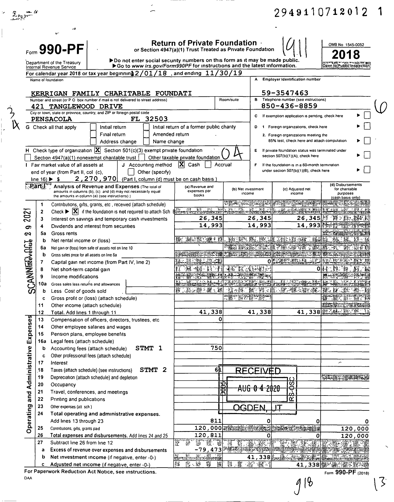 Image of first page of 2018 Form 990PF for Kerrigan Family Charitable Foundation