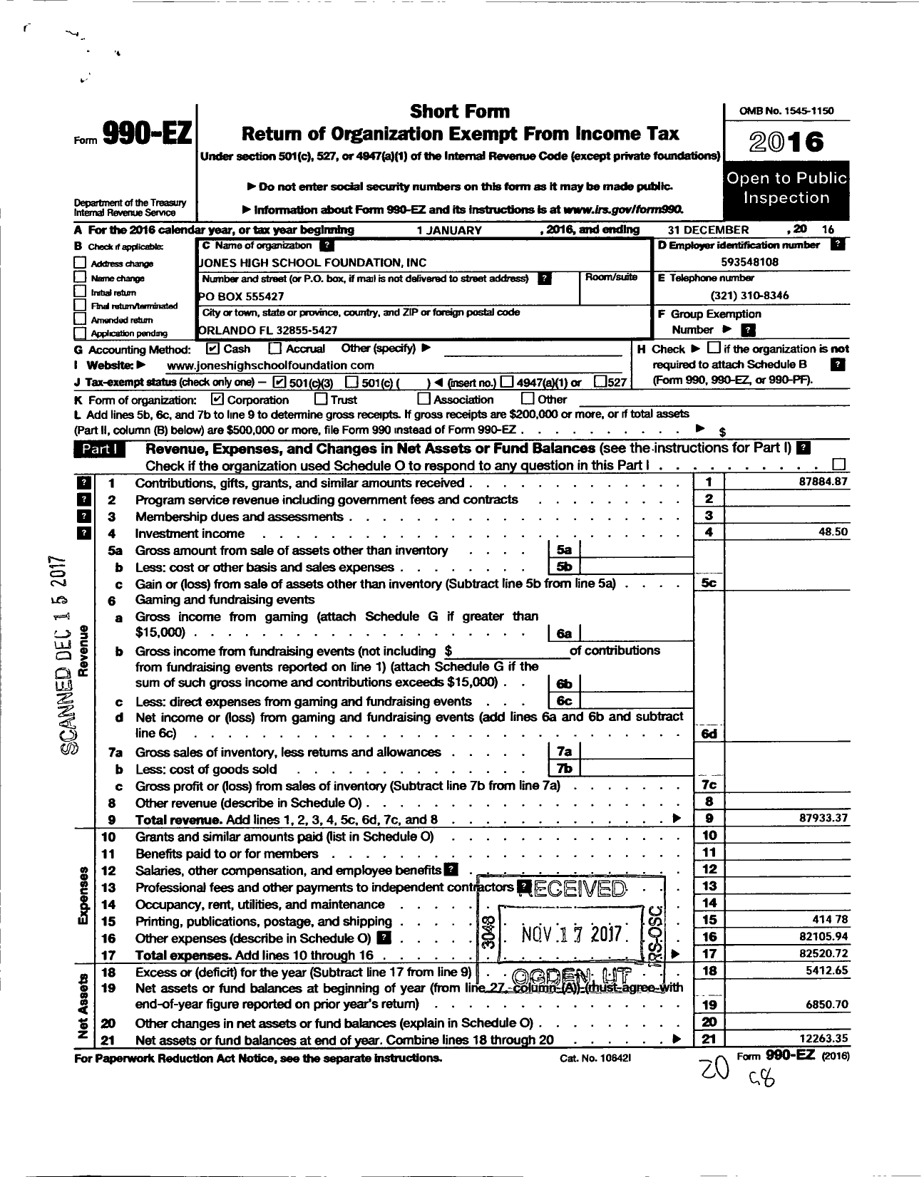 Image of first page of 2016 Form 990EZ for Jones High School Foundation