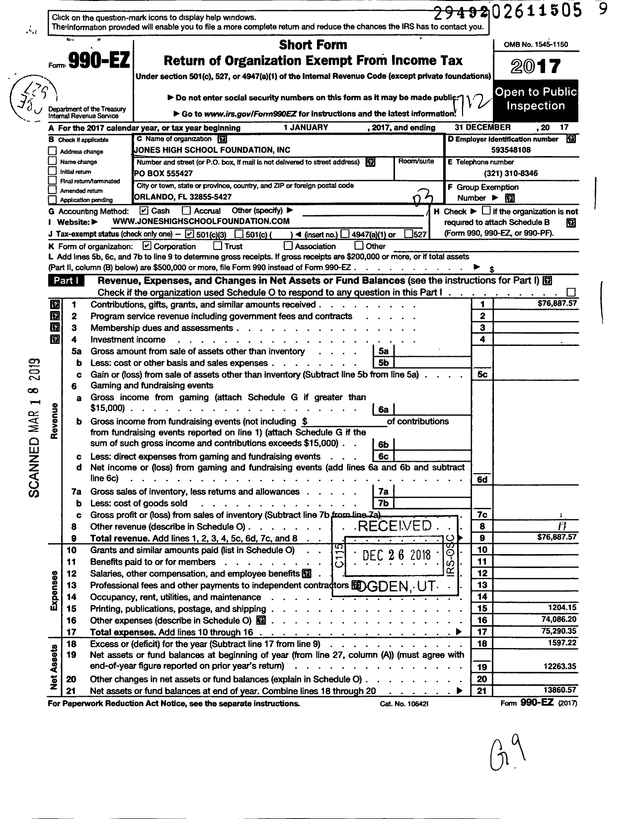 Image of first page of 2017 Form 990EZ for Jones High School Foundation