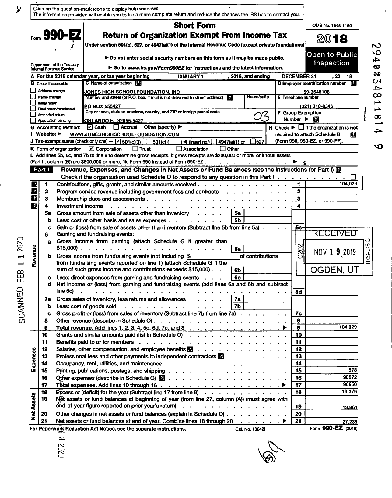 Image of first page of 2018 Form 990EZ for Jones High School Foundation