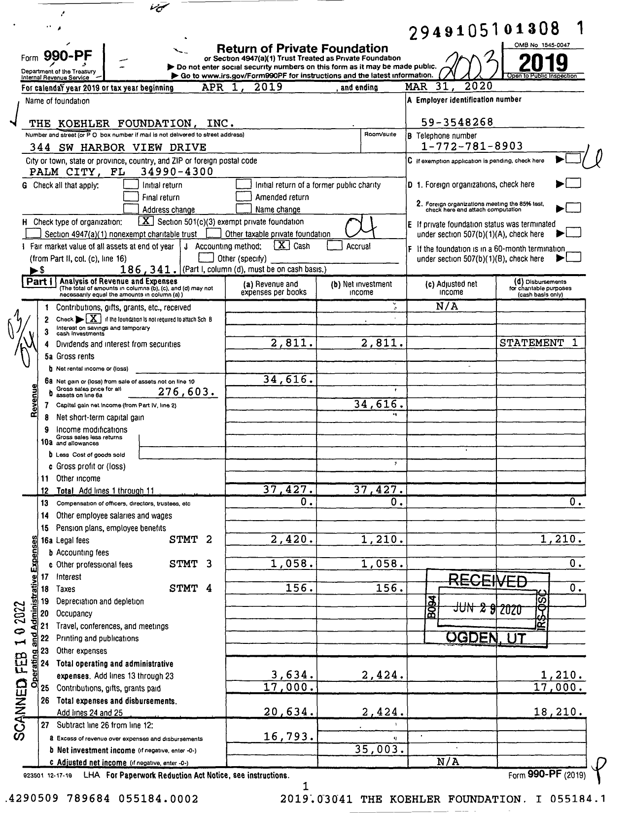 Image of first page of 2019 Form 990PF for The Koehler Foundation