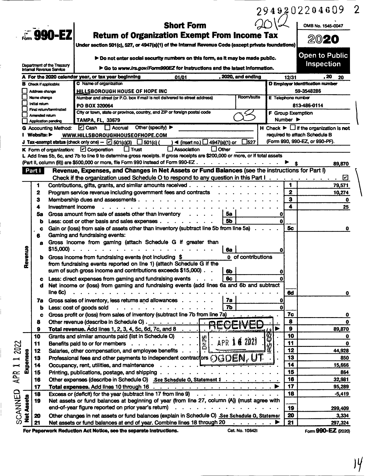 Image of first page of 2020 Form 990EZ for Hillsborough House of Hope