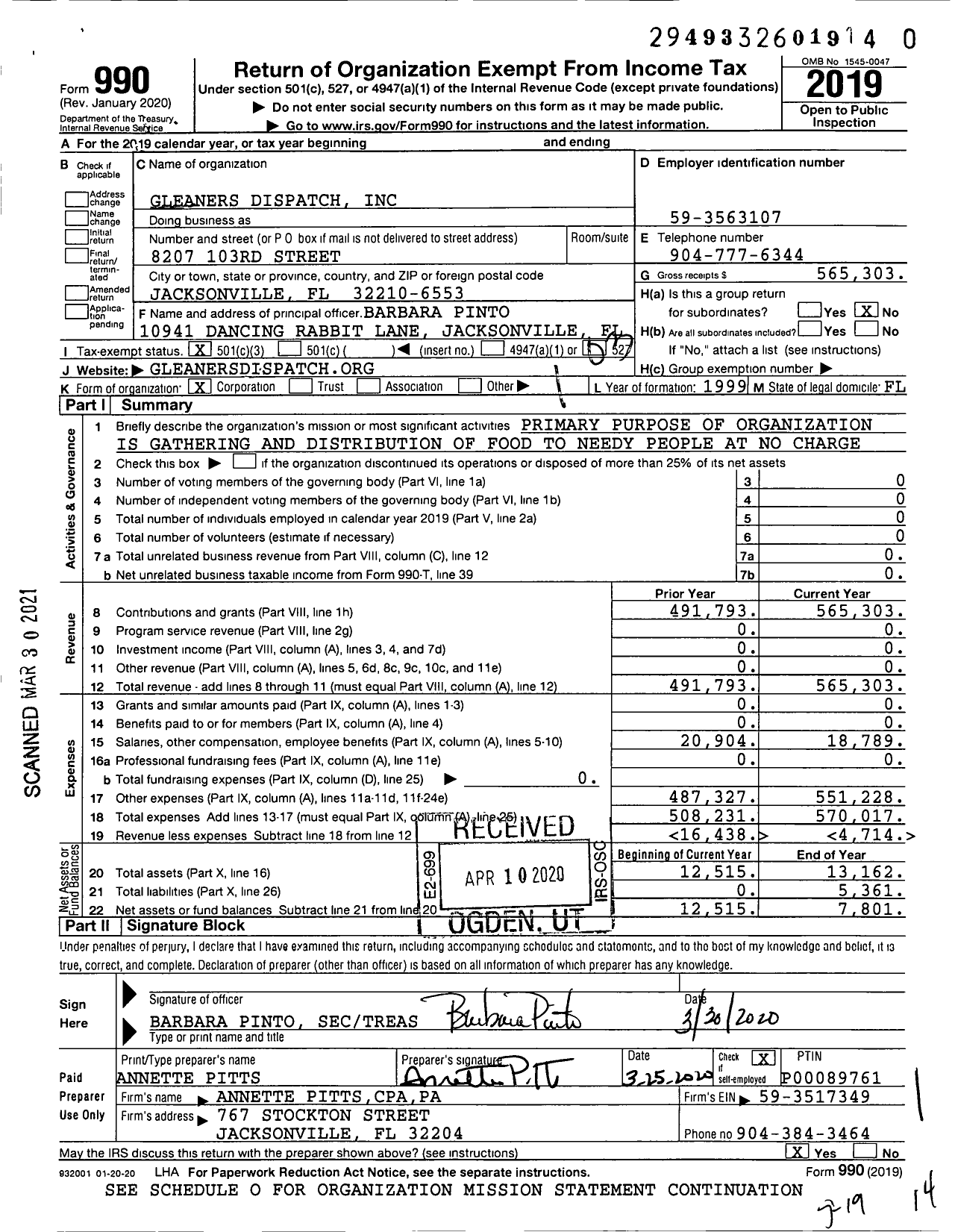 Image of first page of 2019 Form 990 for Gleaners Dispatch