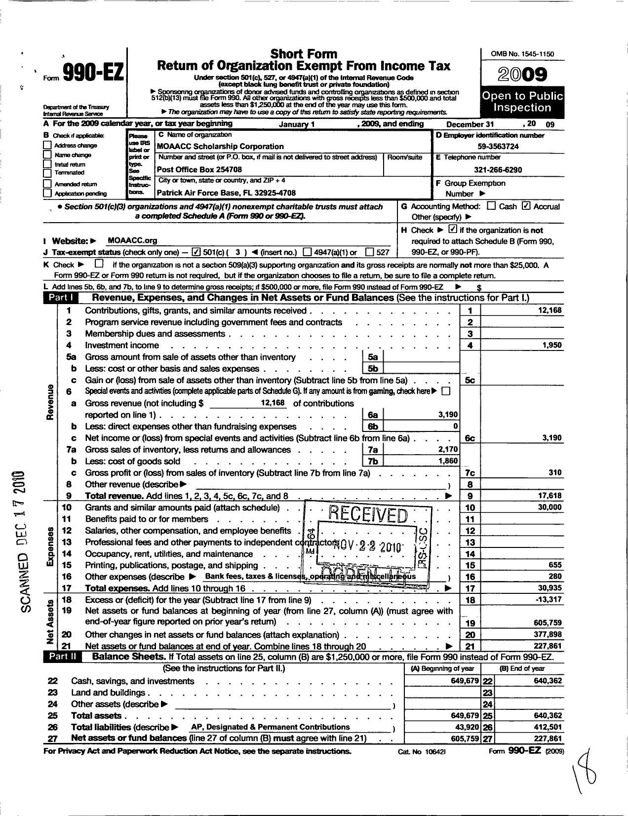 Image of first page of 2009 Form 990EZ for Moaacc Scholarship Corporation
