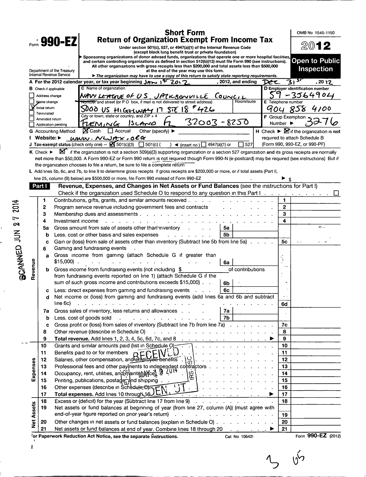 Image of first page of 2012 Form 990EZ for Navy League of the United States / Jacksonville Council