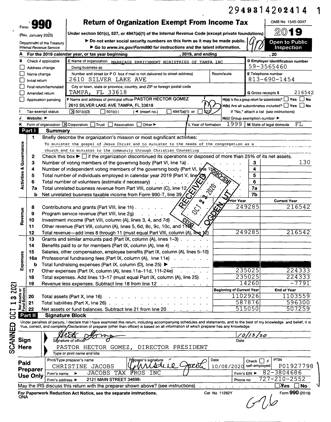 Image of first page of 2019 Form 990 for Marriage Enrichment Ministries of Tampa