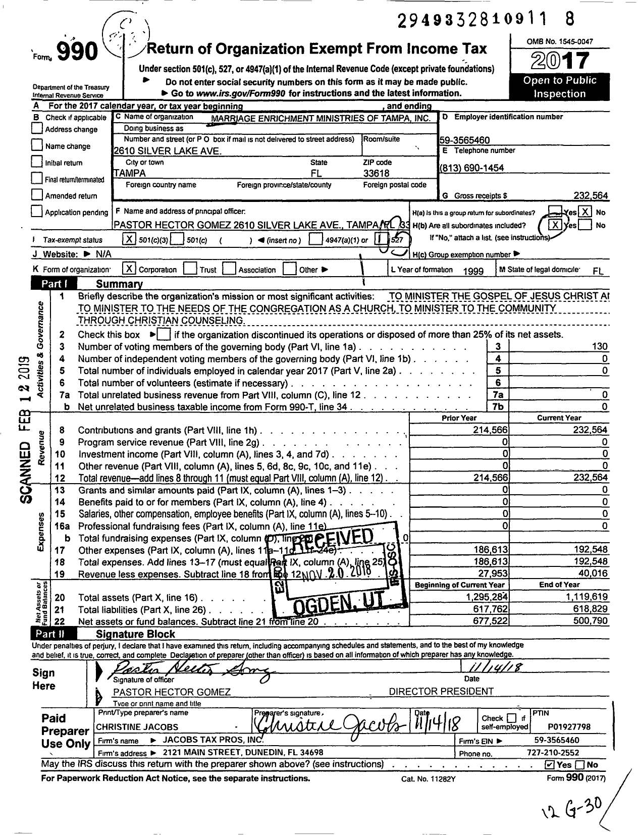 Image of first page of 2017 Form 990 for Marriage Enrichment Ministries of Tampa