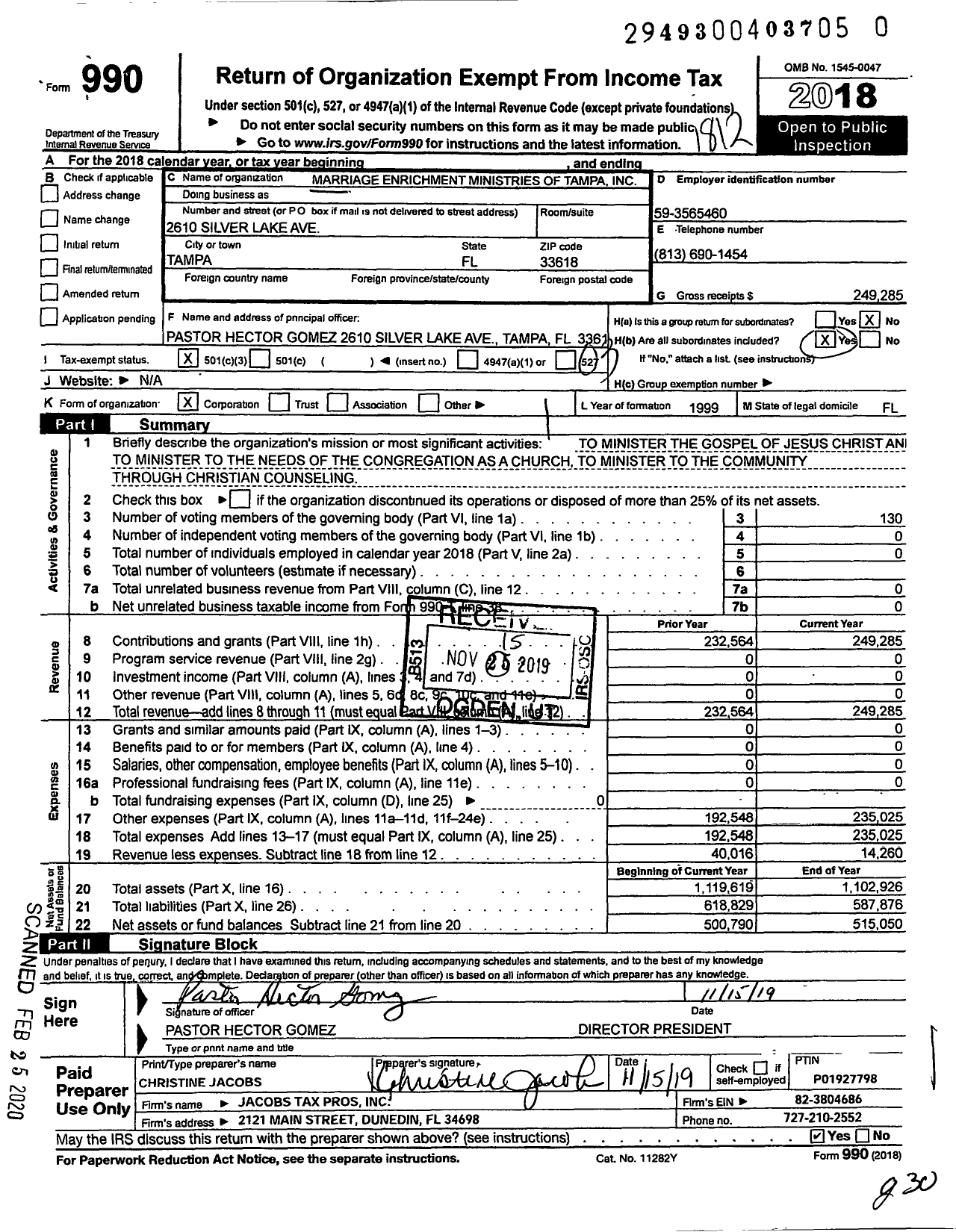 Image of first page of 2018 Form 990 for Marriage Enrichment Ministries of Tampa